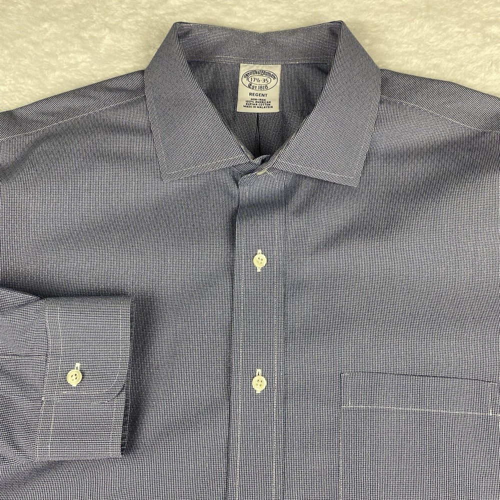 Brooks Brothers Dress Shirt Mens 17.5-35 Blue Diamond Weave Regent No Iron